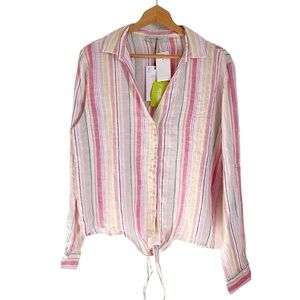 Basement Womens Linen Multicolor Stripe Button Tie Front Long Sleeve Top size XL
